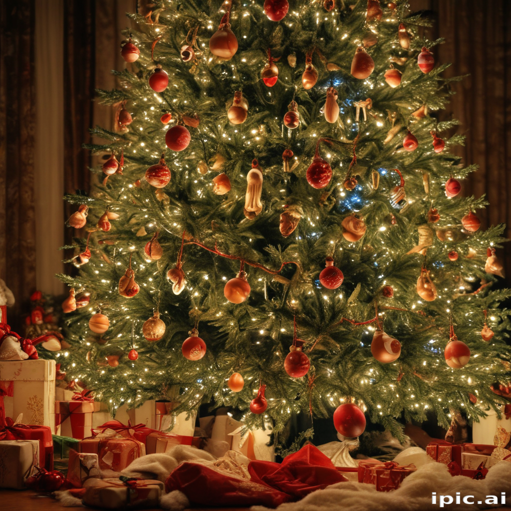 Festively Decorated Christmas Tree Surrounded by Gifts and Holiday Cheer