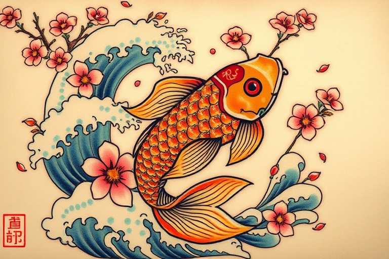 Traditional Japanese Irezumi tattoo entitled "Koi Ascension" featuring a large, ornate koi fish swimming upwards through swirling waves and cherry blossoms, symbolizing perseverance and transformation, with bold outlines and vibrant colors characteristic of the style, ideal for those who appreciate the rich history and symbolism of traditional Japanese tattooing.