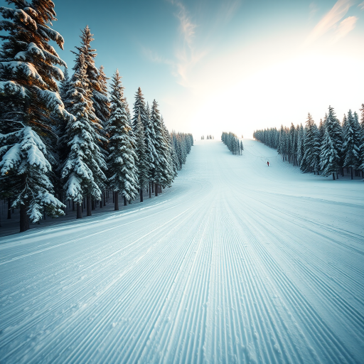 Wide-angle shot of a snowy ski slope with freshly groomed runs, emphasizing the textured snow and surrounding trees, taken with a DSLR camera at f/8, 1/250s, ISO 200, during golden hour for warm light.