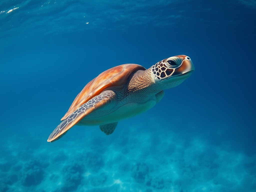 A sea turtle swimming gracefully underwater in a clear blue ocean, captured with a Canon EOS R5, 24mm lens, f/8 aperture, ISO 100, 1/125 sec shutter speed, wide-angle view, underwater photography style, vibrant colors, high-resolution.