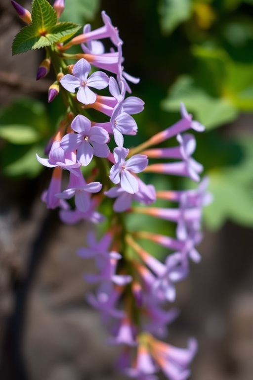 Capture a close-up of delicate purple flowers on a vine with a shallow depth of field, using a DSLR camera with a 50mm f/1.8 lens, aperture set to f/2.8, ISO 100, and a soft natural light to enhance color vibrancy.