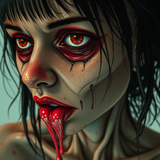 (perspective) of A creepy (ethnicity) zombie cyborg with (descriptive color) skin, (color) lipstick (color) liquid flowing from her eyes and mouth, (perspective two) portrait, (camera angle), extremely detailed, (art style) in the style of Yoshitaka Amano and Tetsuo Hara. --ar 85:128 --style raw --niji 6