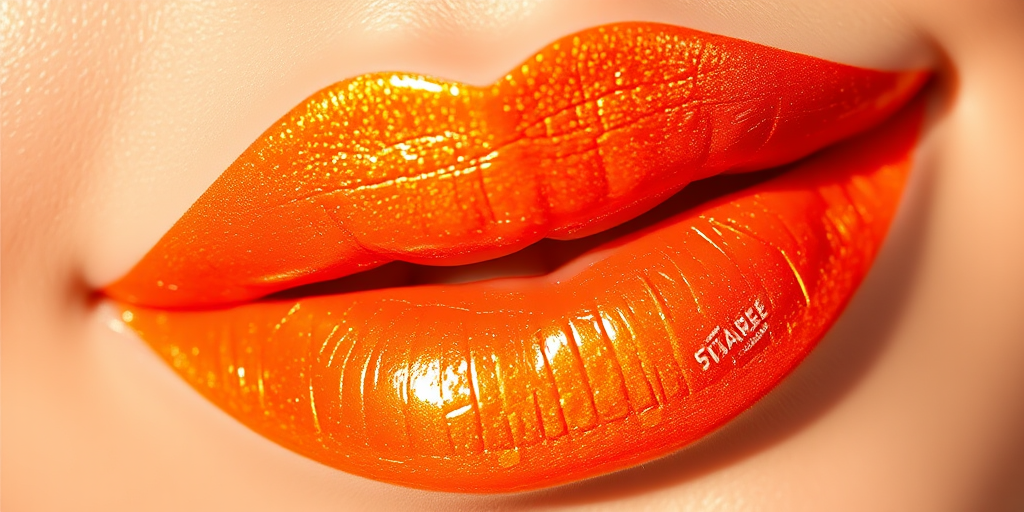 Holographic orange lip gloss "Solar Flare" with warm gold shift and high-shine finish, perfect for summer looks and sunset-inspired makeup, non-sticky and hydrating formula