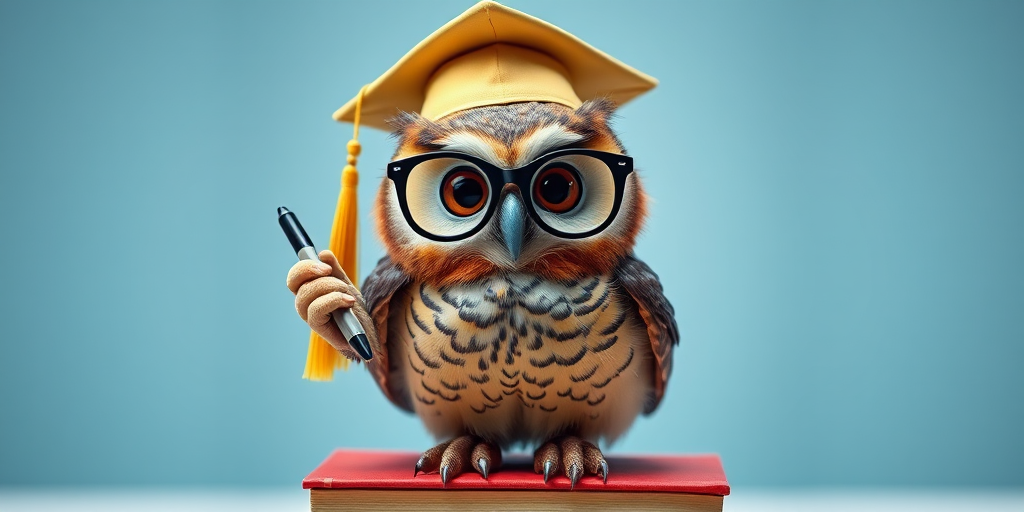 an adorable owl wearing a graduation cap and glasses, holding a pen while standing on a stack of books, bright and colorful, studio lighting, close-up view, DSLR camera, aperture f/2.8, ISO 100, 50mm lens, high resolution