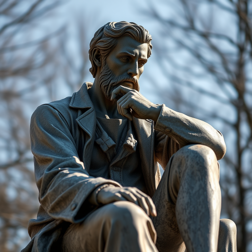 capture a detailed image of a seated male statue with a thoughtful expression using a Canon EOS R5, 50mm lens, f/1.8 aperture, ISO 100, in natural light from a low angle to enhance textures and shadows, ensuring a blurred background for focus on the statue