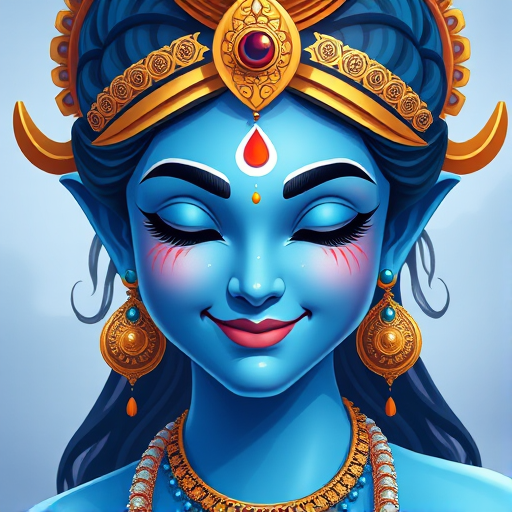 Create a vibrant illustration of a serene blue-skinned deity with a gentle smile, adorned with traditional jewelry, featuring intricate details, shot in high resolution, at f/1.8 aperture, 50mm lens, natural light, portrait orientation.