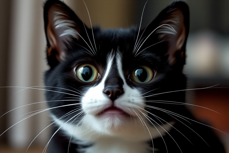Generate a high-resolution image of a simple black and white stylized cat's face with large eyes and a playful expression, captured with a DSLR camera at f/2.8 aperture, ISO 100, 50mm lens, natural lighting from the front, and a shallow depth of field for a blurred background.