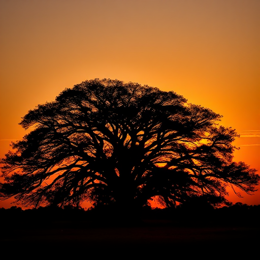 Capture a silhouette of a large tree against a vibrant sunset with warm orange and yellow hues, using a DSLR camera at f/8, ISO 100, 1/200 sec, in landscape orientation, with a soft-focus effect for an ethereal quality.