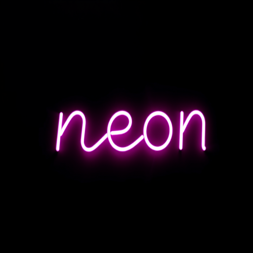Create a neon pink text saying "neon" on a black background with a Canon EOS R5 camera, 50mm lens, f/1.8 aperture, ISO 100, and soft focus to enhance glow effects.