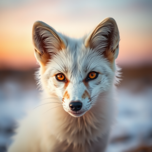 A close-up portrait of a white fox with striking orange eyes, set against a dreamy pastel sunset background, captured with a Canon EOS R5, 85mm f/1.2 lens, aperture f/1.2, ISO 100, and a soft focus to enhance the dreamy quality of the scene.