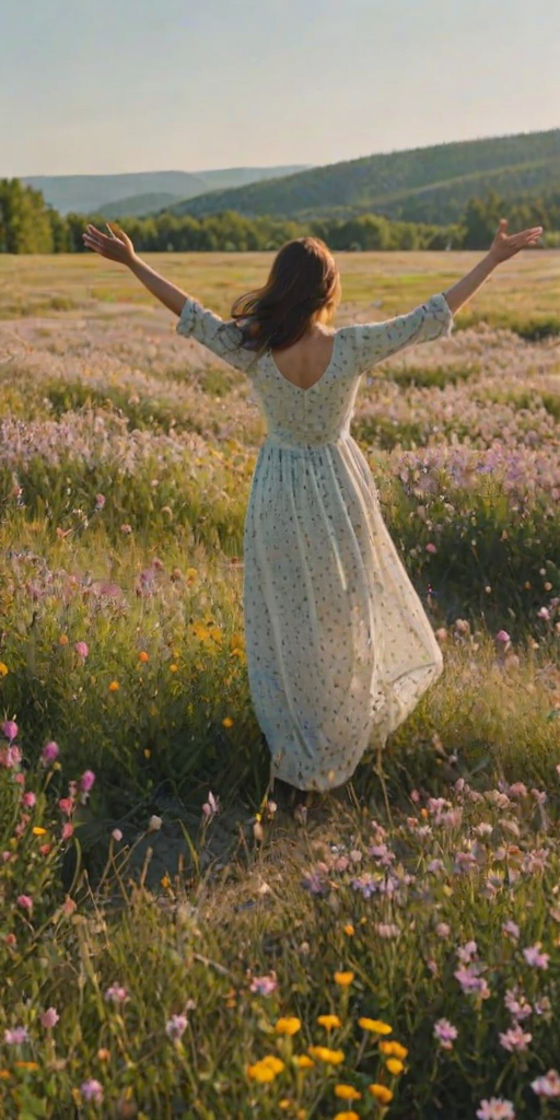 Quiet meadow dotted with wildflowers, a woman in a flowy dress standing among the blooms, her arms outstretched as she embraces the warm summer sun.
