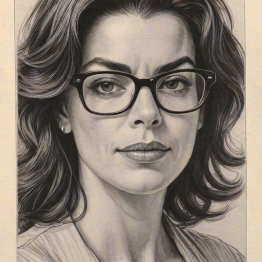 Comely Annabella Sciorra, pencil sketch, portrait of Enticing woman 1976s in glasses, hair style beatnik, outline, clear lines, fine lines, 8k