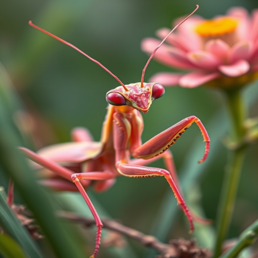 Create a highly detailed illustration of a pink mantis in a natural setting, using a digital painting style, with a focus on vibrant colors and fine textures, capturing a 50mm lens view at f/2.8 for a shallow depth of field and bright, even lighting to emphasize the intricacies of its anatomy.