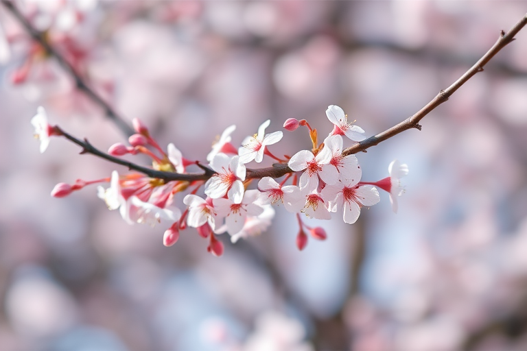 Photo of delicate cherry blossom branches in soft focus with a blurred background, captured with a Canon EOS R5, 50mm lens, aperture f/1.8, ISO 100, natural light, shallow depth of field to emphasize the flowers.