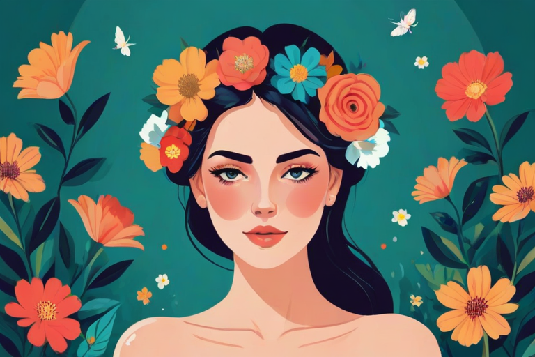 Use modern vector graphics flat design art with vibrant colors with a limited color pallete and simple shapes to create an illustration of a woman wearing flowers in her hair looking at the viewe