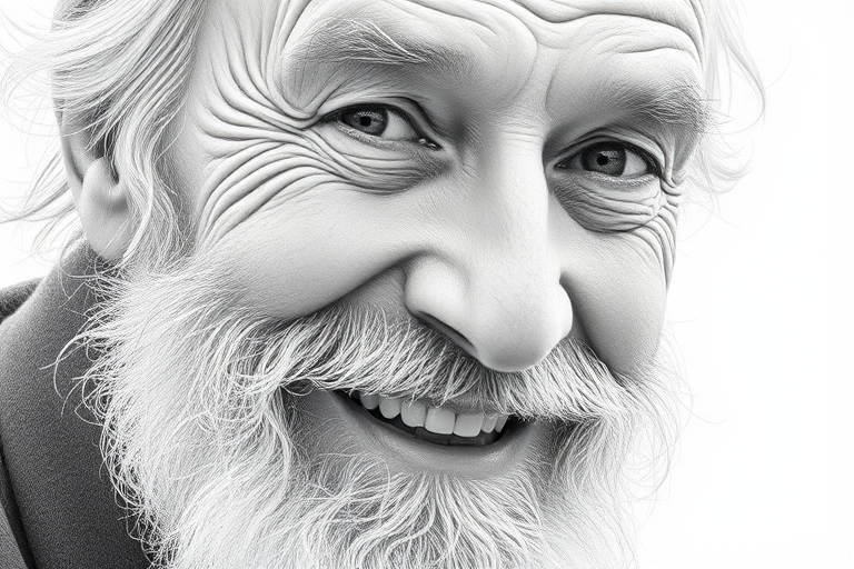 Create a detailed pencil sketch of an elderly man with a prominent beard and warm smile, capturing the texture of his beard and the expression in his eyes, using a Canon EOS R5 with a 50mm f/1.8 lens, shooting from a close-up angle with natural lighting to enhance the contrast and softness of the sketch.