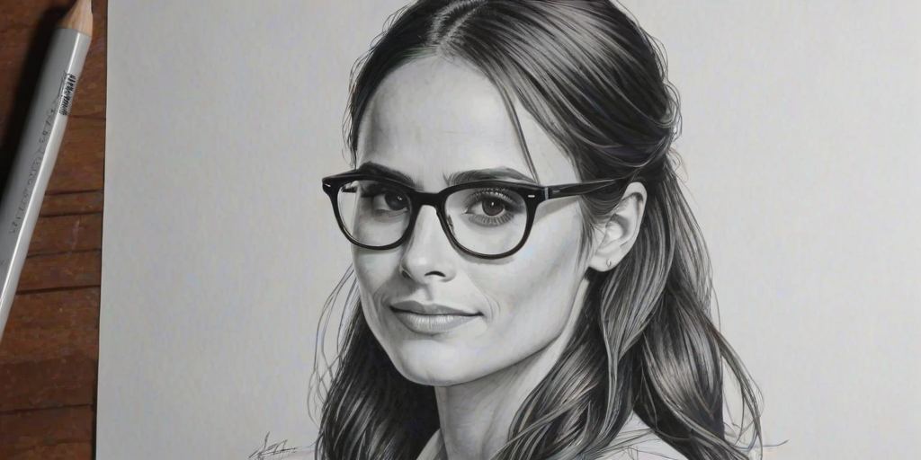 Splendid Jordana Brewster, pencil sketch, portrait of Superb woman 1951s in glasses, hair style beatnik, outline, clear lines, fine lines, 8k