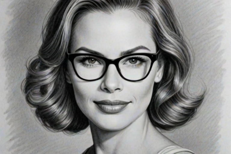 Stunning Brooke Burns, pencil sketch, portrait of Comely woman 1934s in glasses, hair style beatnik, outline, clear lines, fine lines, 8k
