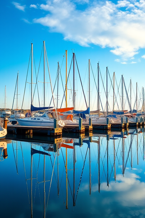 Capture a serene marina scene with multiple sailboats aligned along a dock reflected in calm waters, emphasizing the blue sky and vibrant reflections, using a DSLR camera, 50mm lens, aperture f/8, shutter speed 1/200 sec, ISO 100, in natural light during early morning.