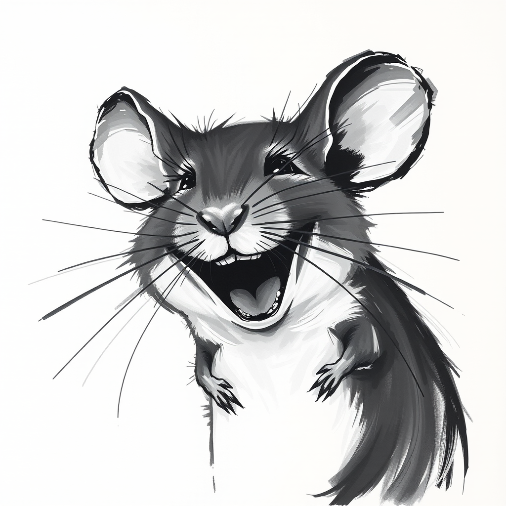 Abstract black and white acrylic portrait of an over exaggerated laughing (mouse). Minimalism style. White background.