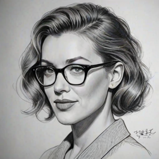 Fetching Natalie Zea, pencil sketch, portrait of Delightful woman 1945s in glasses, hair style beatnik, outline, clear lines, fine lines, 8k
