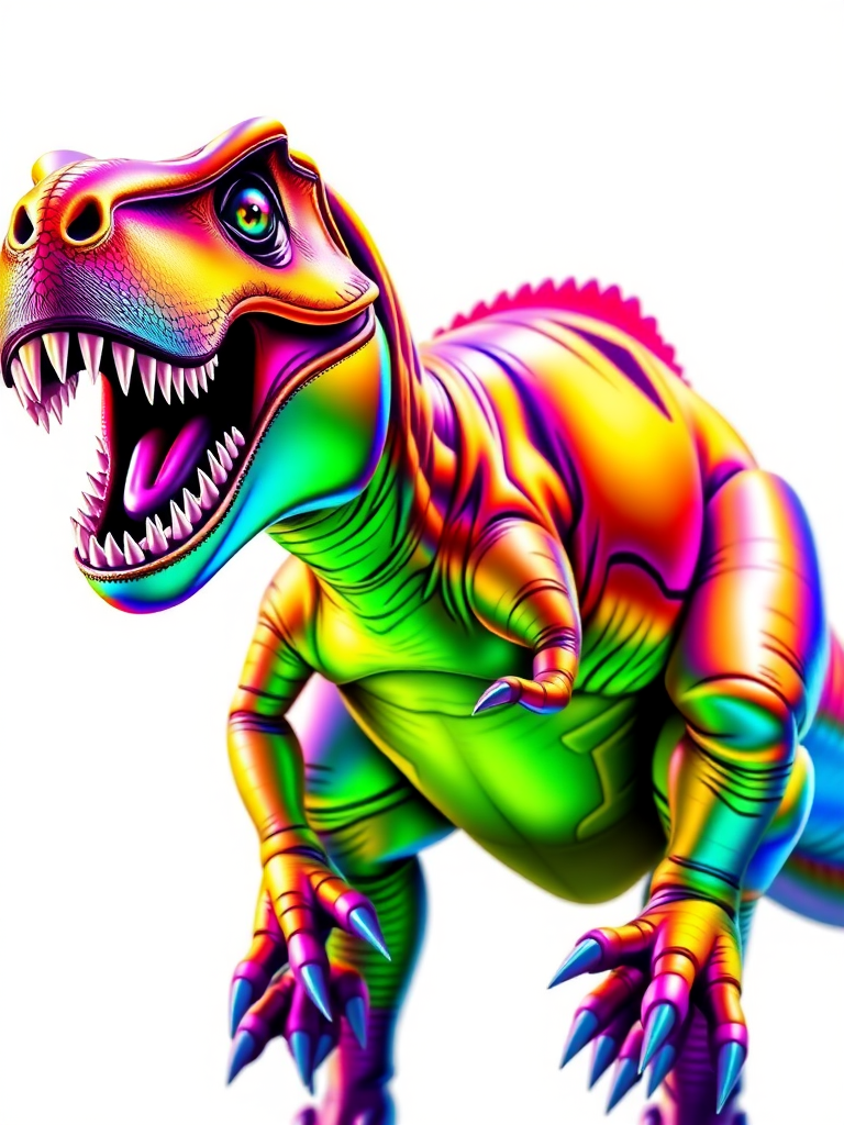Create a high-resolution illustration of a colorful, metallic Tyrannosaurus Rex in a dynamic pose, using a digital art style with vibrant neon colors, view it from a slightly low angle to emphasize its stature, utilize a soft-focus lens effect for depth, and set the camera settings to a wide aperture of f/2.8, ISO 100, shutter speed of 1/250s to enhance clarity and detail.