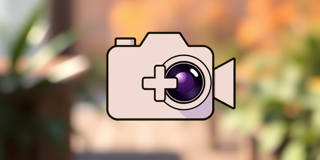 Create a high-resolution vector graphic of a video camera icon featuring a plus sign, using a shallow depth of field, natural lighting, and an ISO setting of 100 to enhance image quality, with a 50mm lens at f/1.8.