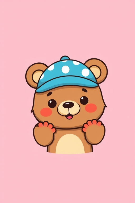 Generate a cartoon character illustration of a cute bear-like creature with blue polka dot cap and red hands, centered on a soft pink background, using a DSLR camera with a 50mm lens, f/1.8 aperture, ISO 200, natural lighting, in portrait orientation to enhance image quality.