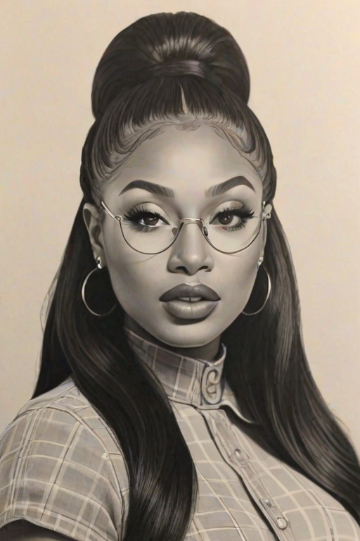 Magnificent Megan Thee Stallion, pencil sketch, portrait of Attractive woman 1957s in glasses, hair style beatnik, outline, clear lines, fine lines, 8k