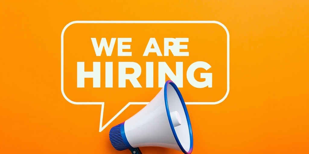 Create an image featuring a vibrant orange background with a large speech bubble containing the text "WE ARE HIRING" in bold, white letters, alongside a graphic of a megaphone, using a DSLR camera with aperture f/2.8, ISO 100, and a focal length of 50mm in a flat lay style.