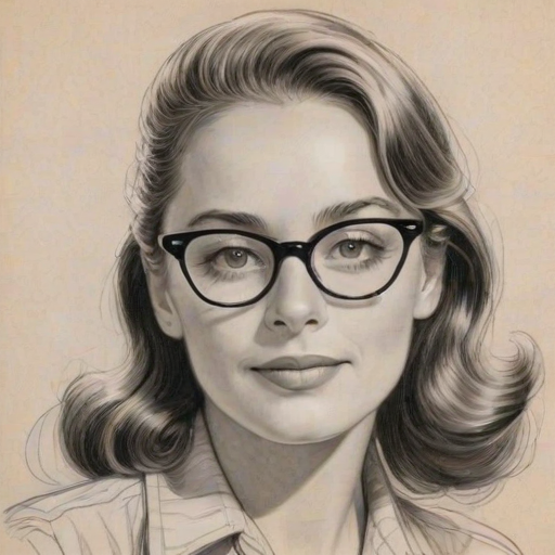 Charming Karen Allen, pencil sketch, portrait of Graceful woman 1946s in glasses, hair style beatnik, outline, clear lines, fine lines, 8k