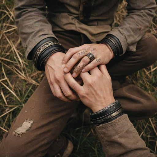 detailed edges, detailed image, perfection style, A cinematic detailed high angle from above image of a man with dirty hands and dirt on them, movie themed, sharp, detailed background, epic cinematic photography, artistic style, dramatic light style, cinematic color style, Kodak 35mm film style, detailed style, hand focus style, solo, shirt, 1boy, jewelry, male focus, outdoors, belt, pants, blurry, blurry background, ring, close-up, black belt, brown pants, multiple boys, 2boys, realistic, wedding ring, grass, yaoi, outstretched hand, hand focus
