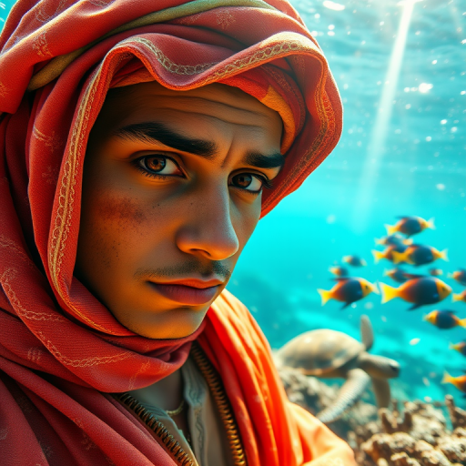 Realistic selfie image of a Sahrawi, wearing a vintage outfit, detailed dreamy eyes, droopy hooded eyes, staring at the camera, taken underwater at coral reef with a sunbeam filtering through the water, vibrant, summer vacation, natural lighting, turtle and school of tropical fish with vibrant colors, rendered in the style of CryEngine, Pegi Nicol MacLeod, with realistic genre scenes, hauntingly beautiful narratives, ultra-realism, and Thomas Saliot's close-up technique, 8K resolution, crystal clear and sparkling water.