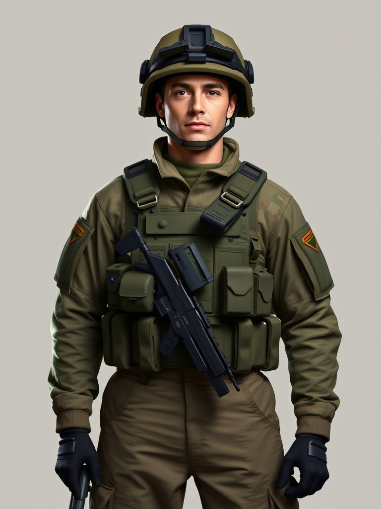 Create a highly detailed digital illustration of a soldier in combat uniform with a helmet, standing confidently against a neutral background, using a Canon EOS R5, 50mm lens, aperture f/1.8, ISO 100, and a softbox for even lighting.