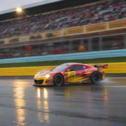 Blurry, action shot of a race car speeding around a corner on a rain-slicked track, water spraying from its tires, with streaks of red and yellow from trackside lights reflecting off the wet pavement.