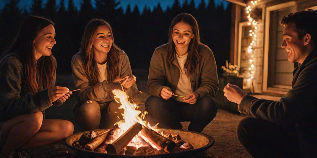 Warmly lit photo of a group of friends roasting marshmallows over a fire pit at night, soft glow from the flames reflecting off their faces, distant stars twinkling in the sky, the sound of laughter and crackling wood filling the air.