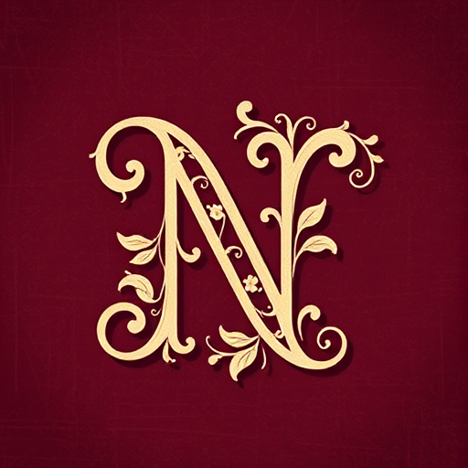 Create a vintage-style letter "N" with ornate floral swirls on a textured burgundy background, captured with a DSLR camera at f/2.8 for shallow depth of field, 50mm lens, natural light, and a slight vignette effect for enhanced focus on the letter.