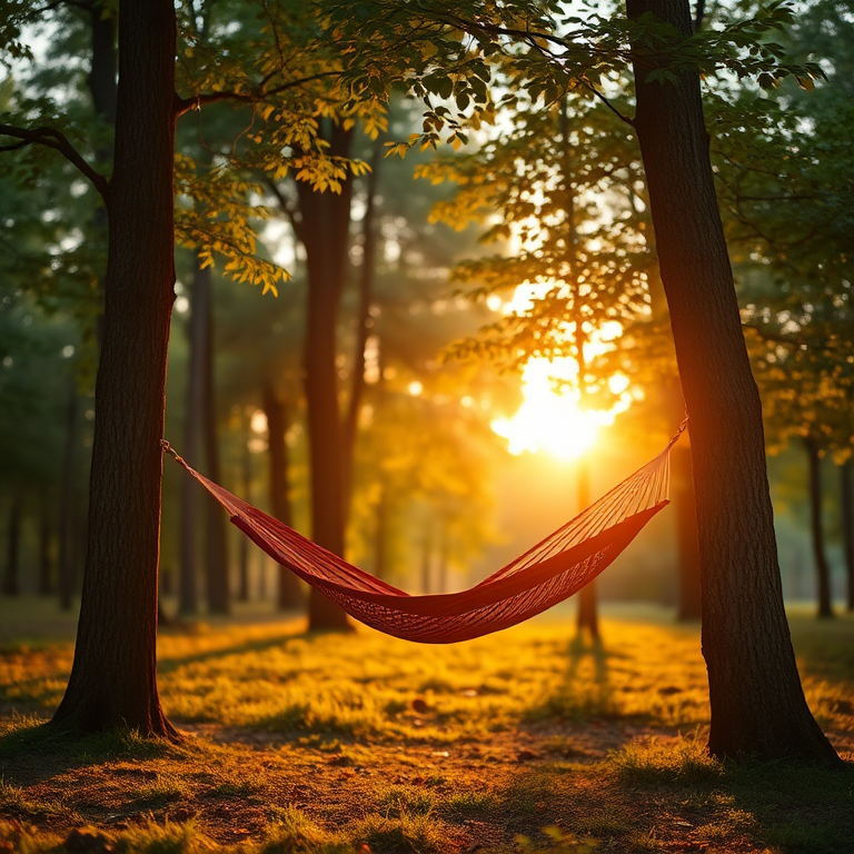 Soft-focus image of a hammock swaying between two trees in a quiet forest at sunset, with soft golden light filtering through the leaves and casting long shadows on the ground.