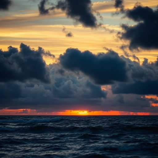 Capture a dramatic seascape at sunset with dark storm clouds on the horizon, use a wide-angle lens at f/8 for sharp depth of field, ISO 200 for low noise, shoot at 1/125 sec to freeze motion, use a tripod for stability, and set white balance to cloudy for warm tones.