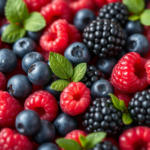 Create a vibrant still life of assorted berries including blueberries, raspberries, and blackberries with fresh green leaves, captured with a Canon EOS R5 at f/2.8, 1/125 sec, ISO 100, in macro mode with a soft focus background for enhanced depth and clarity.
