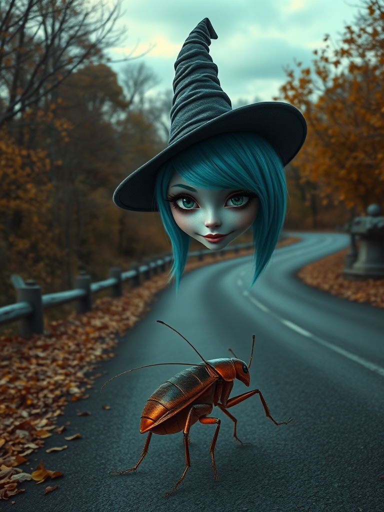 digital art fantasy depicting a strange girl with cyan hair, long eyelashes, white lipstick and a tall hat walking along a winding road on an autumn afternoon, an Cockroach smiles as she passes