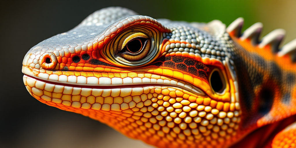 Close-up of a lizard head with detailed scales and vibrant colors, shallow depth of field, natural lighting, DSLR camera, 85mm lens, aperture f/1.8, ISO 200, 1/250 sec.