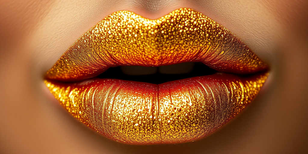 Glittering gold lips adorned with tiny flecks of metallic pigment, creating a luxurious and opulent appearance fit for royalty