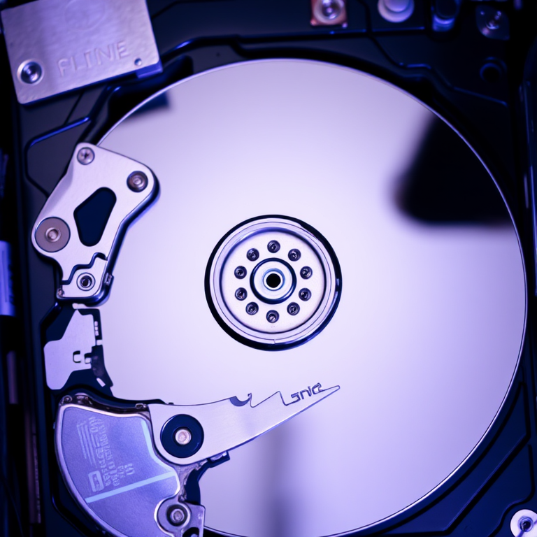 Create a high-resolution image of a computer hard drive from a top-down view, using a DSLR camera with a 50mm lens, aperture set to f/2.8, ISO 100, and a shallow depth of field to emphasize details and enhance clarity.