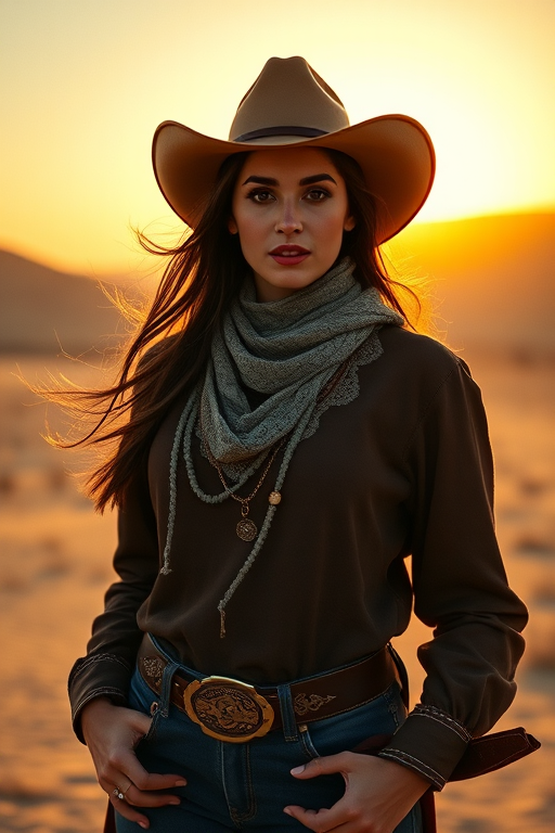 Dramatic photo of a beautiful Azerbaijani woman, classic cowboy attire, confident and free spirit expression, half-length portrait, centered, golden hour desert landscape, warm, diffused light, low angle, medium format film camera, in style of Annie Leibovitz.