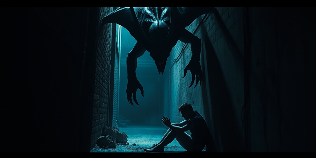 dark fantasy scene of a menacing demon looming over a distressed figure seated in an alley, dramatic lighting, high contrast, camera settings: f/2.8, ISO 400, 1/60s, camera view: close-up, camera style: cinematic, camera type: digital DSLR