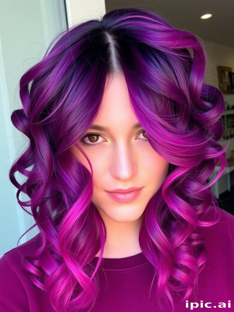 Deep purple to magenta gradient hair styled in loose spiral curls, known as "Twilight Cascade" style, featuring a center part and face-framing tendrils