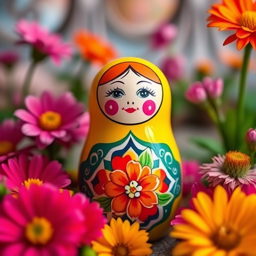 Create a vibrant and detailed image of a colorful Matryoshka doll surrounded by flowers and bright elements, shot with a Canon EOS R5 at f/4, ISO 100, 50mm lens, using a shallow depth of field to enhance the focus on the doll against a softly blurred background.