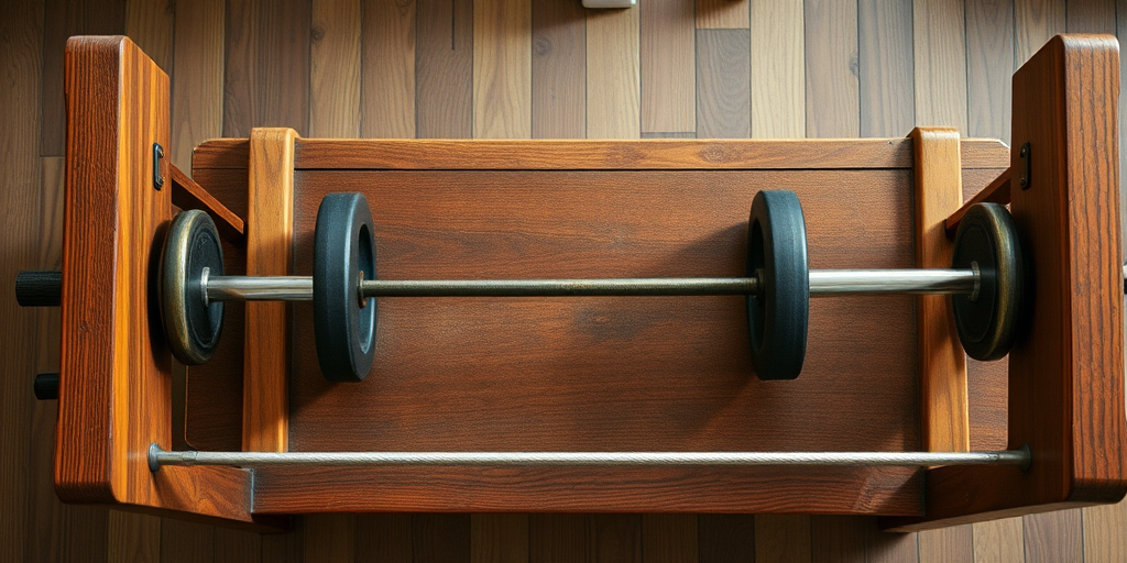 A high-resolution image of a vintage wooden exercise machine, captured from a top-down view using a DSLR camera with a 50mm lens, aperture f/2.8, ISO 100, and a soft diffused lighting setup to enhance texture and detail.