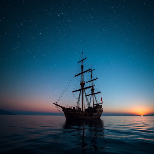 Create a nighttime scene of an old sailing ship on a calm sea under a starry sky with vibrant colors, using a Canon EOS R6 camera, 24mm f/1.4 lens, ISO 800, aperture f/2.8, shutter speed 15 seconds, captured from a low angle to emphasize the ship's reflection and the vastness of the night sky.